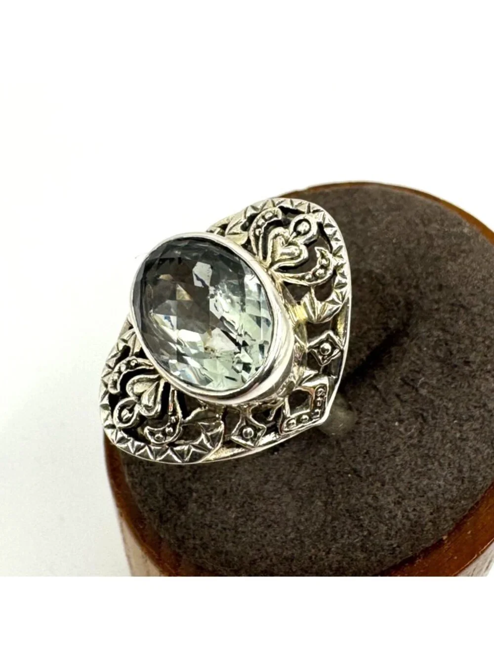 Green Amethyst Scroll Heart Design Statement Ring Sterling Silver 925 Size 6.75